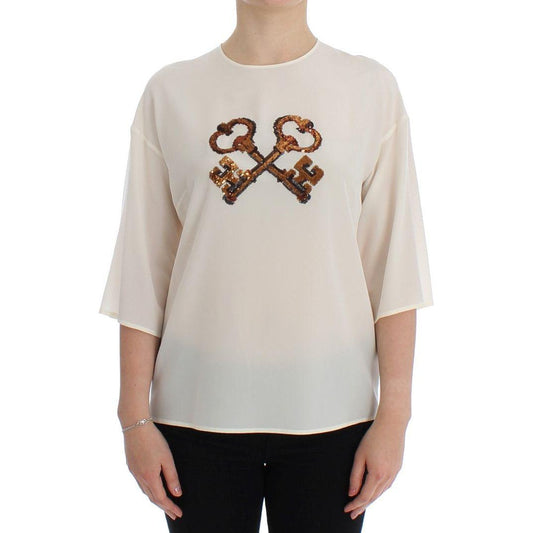 Dolce & Gabbana Ivory Sequined Silk Blouse Top Dolce & Gabbana Gray