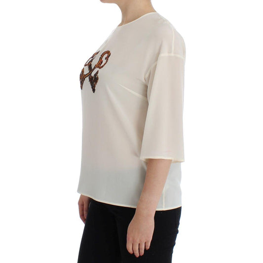 Dolce & Gabbana Ivory Sequined Silk Blouse Top Dolce & Gabbana Gray
