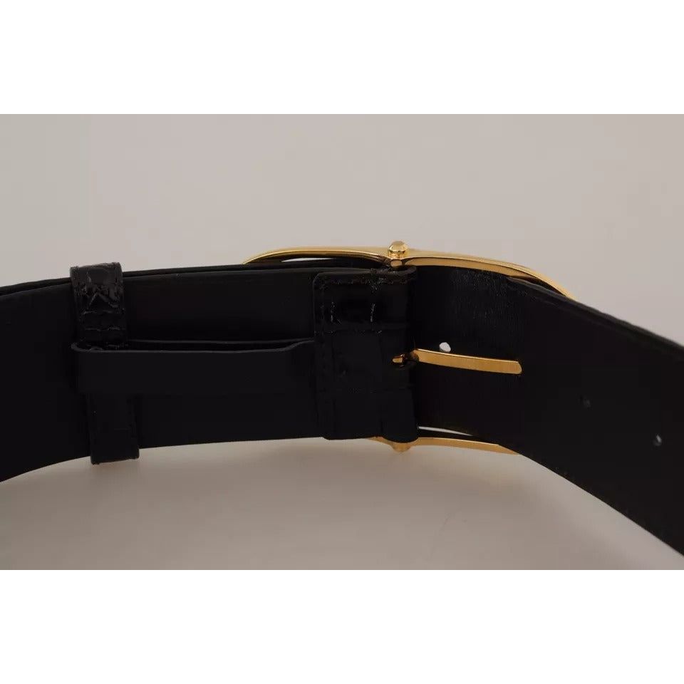 Dolce & Gabbana Black Wide Embossed Leather Gold Metal Buckle Belt WMB31-80