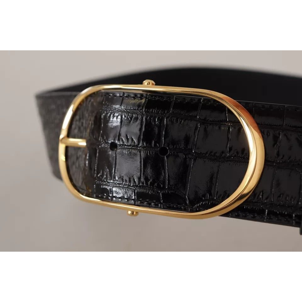 Dolce & Gabbana Black Wide Embossed Leather Gold Metal Buckle Belt WMB31-80