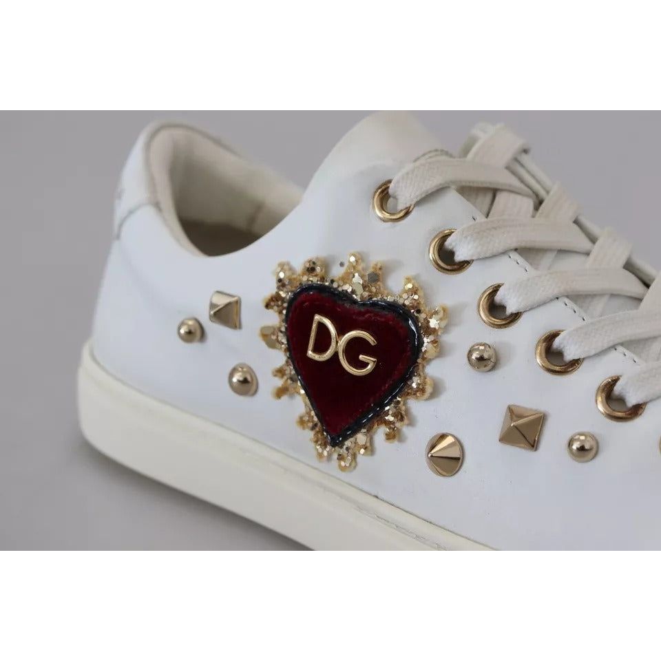 Dolce & Gabbana White Leather Gold Red Heart Sneakers Shoes