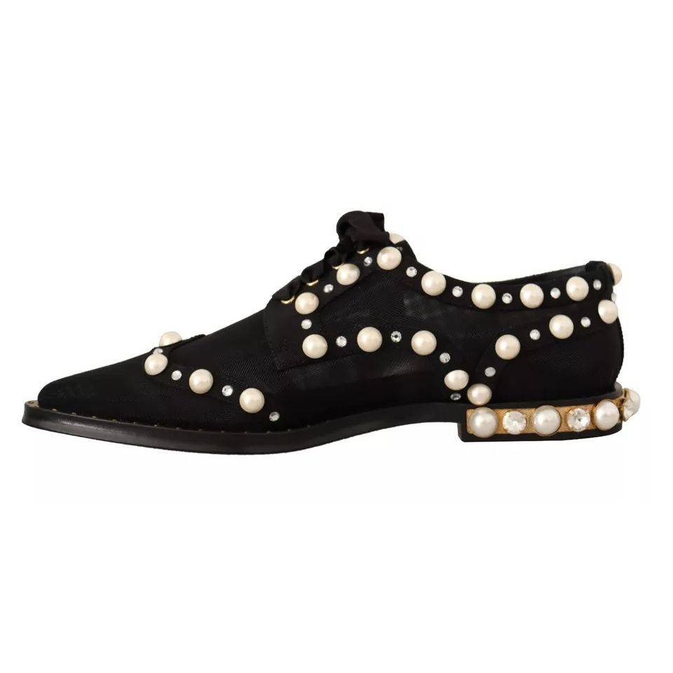 Dolce & Gabbana Black Lace Up Jewelled Formal Flats Shoes