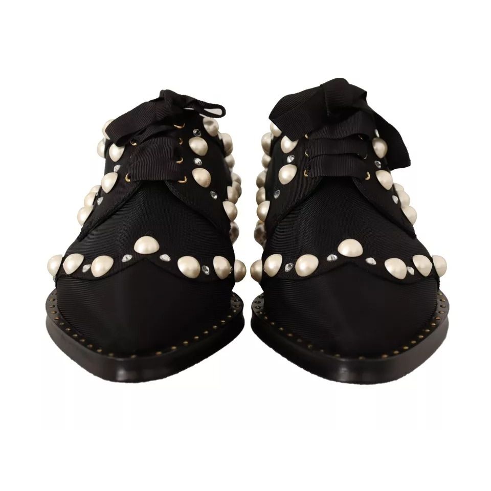 Dolce & Gabbana Black Lace Up Jewelled Formal Flats Shoes