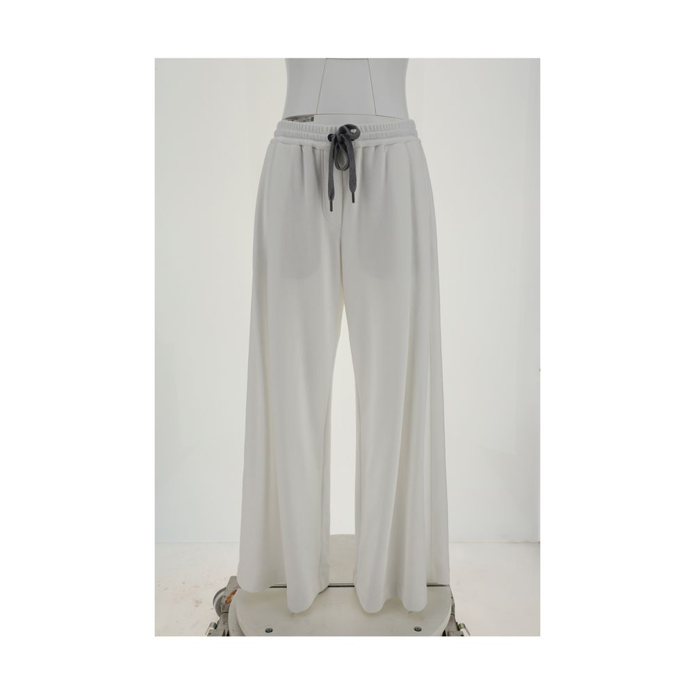 Brunello Cucinelli White Cotton Casual Pants with elastic waistband and drawstring, featuring loose palazzo silhouette and side pockets.