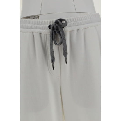 Brunello Cucinelli White Cotton Casual Pants with elasticated waistband and drawstring detail, featuring side pockets for elegance and comfort.