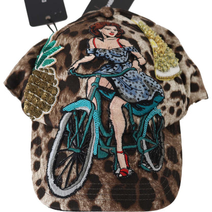 Dolce & Gabbana Brown Leopard Sequin Sicily Applique Baseball Hat