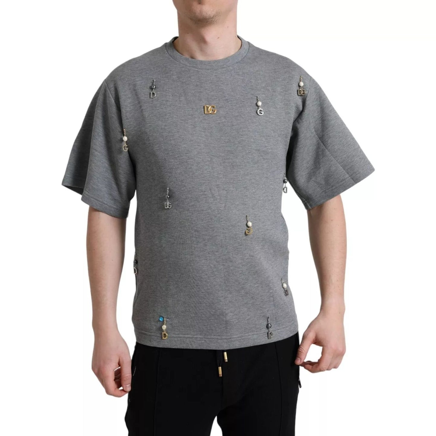 Dolce & Gabbana Gray Cotton Embellished Crew Neck T-shirt