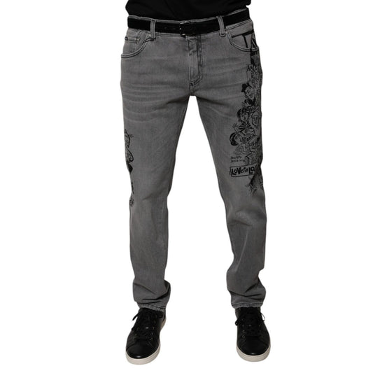 Dolce & Gabbana Gray Graphic Print Cotton Skinny Denim Jeans