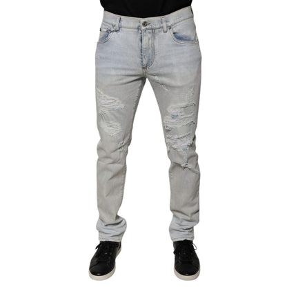 Dolce & Gabbana Light Blue Cotton Blend Tattered Skinny Denim Jeans