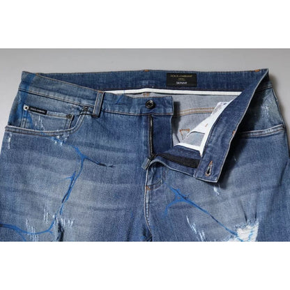 Dolce & Gabbana Blue Cotton Stretch Tattered Skinny Denim Jeans