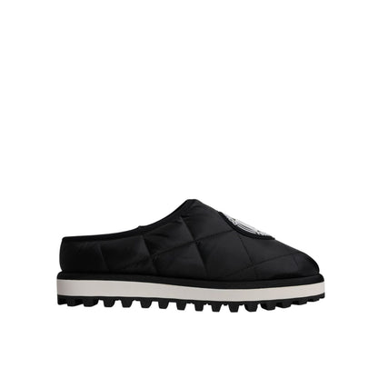 Dolce & Gabbana Black Nylon Quilted Logo Patch Sandals Slides Shoes