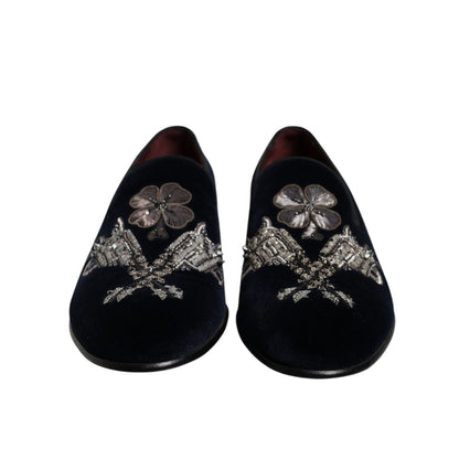 Dolce & Gabbana Black Velvet Floral Gun Loafers Dress Shoes