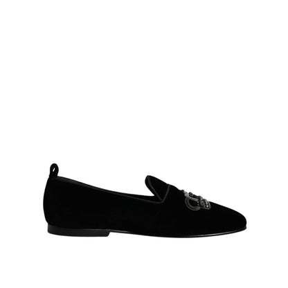 Dolce & Gabbana Black Velvet Crystal Crown Loafers Formal Dress Shoes