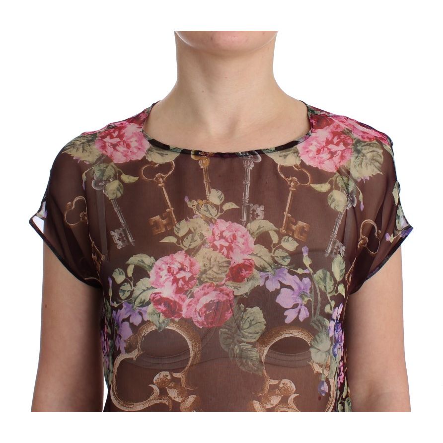 Dolce & Gabbana Black Key Floral Print Silk Blouse T-shirt