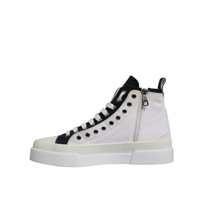 Dolce & Gabbana White Black Cotton High Top Sneakers Shoes