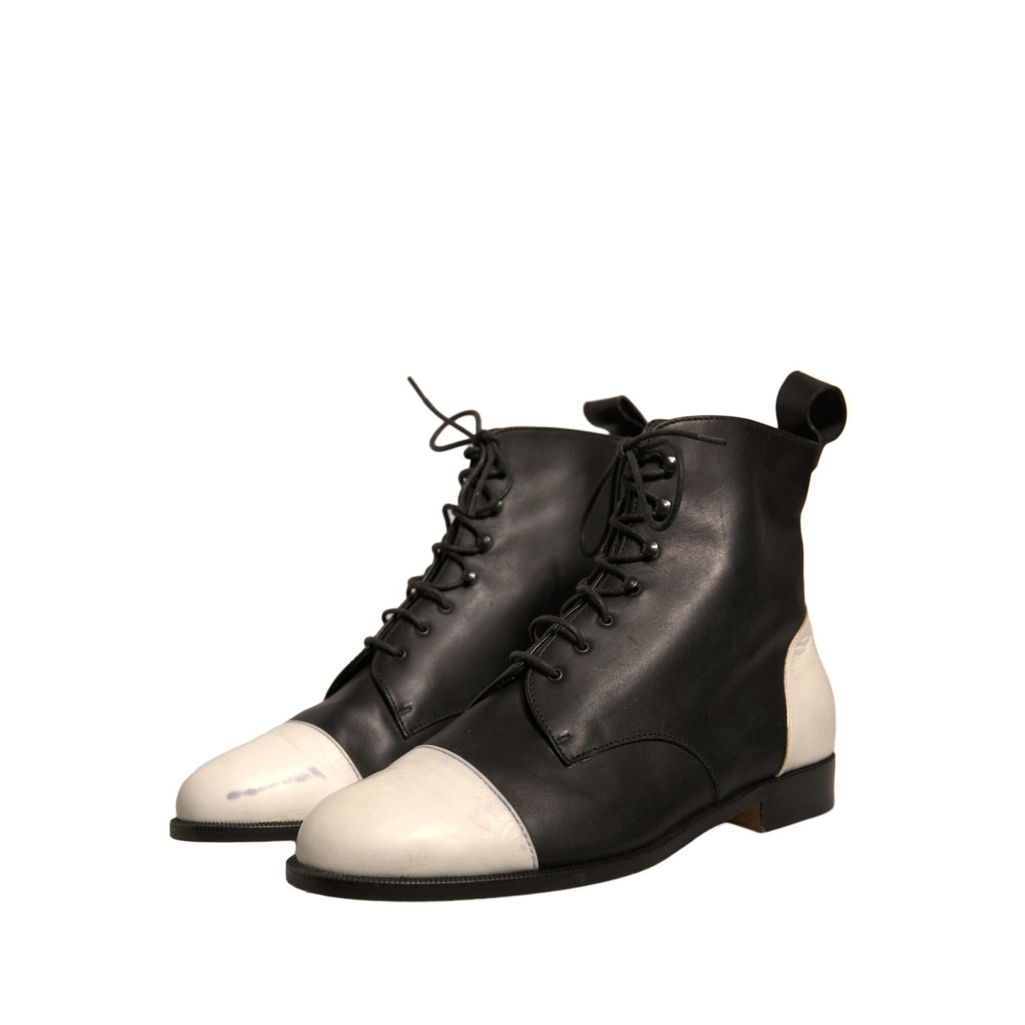 Sergio Rossi Black White Leather Lace Up Flats Ankle Boots Shoes