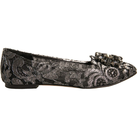 Dolce & Gabbana Silver Crystal Loafer Lace Ballet Flats Shoes LA12356-37