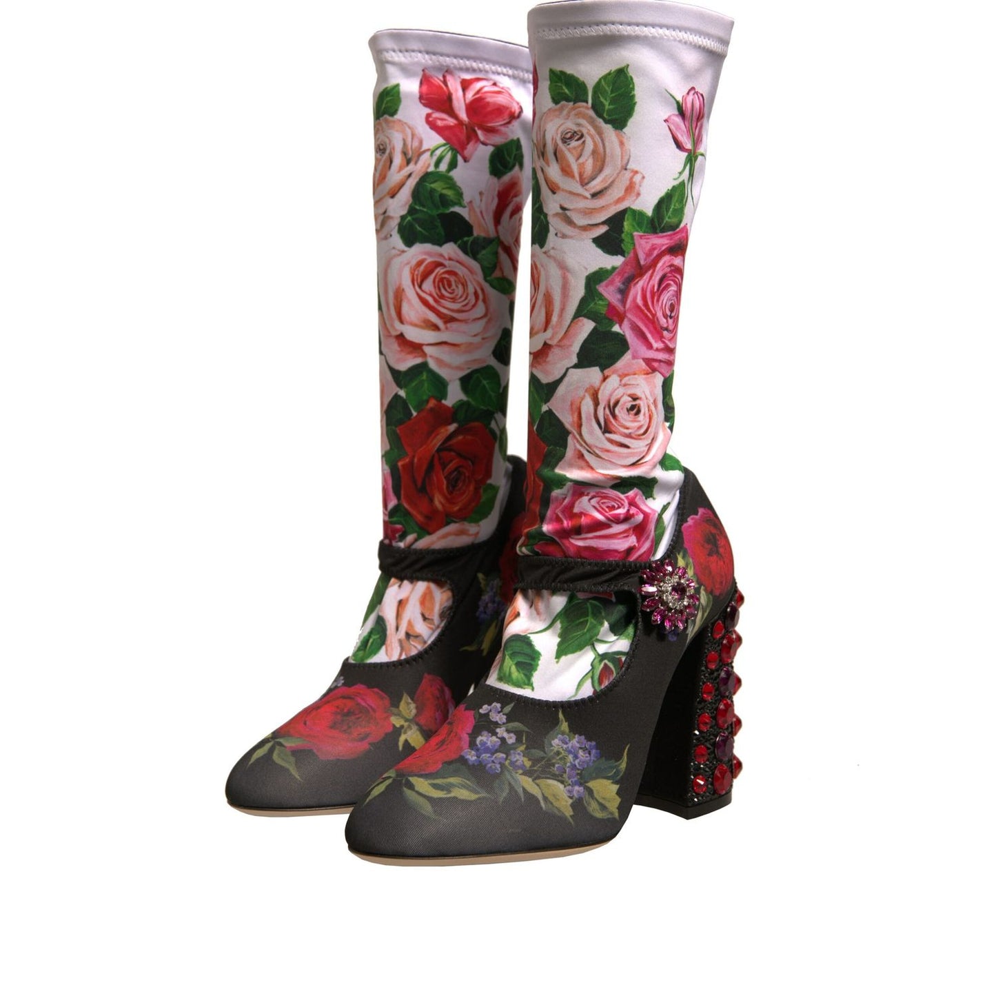 Dolce & Gabbana Black Floral Socks Crystal Boots Jersey Shoes