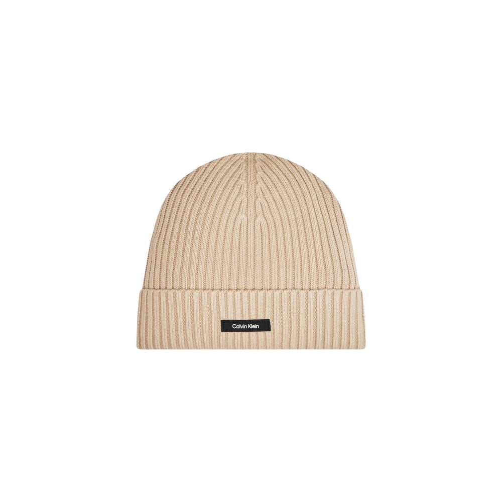 Calvin Klein Beige Organic Cotton Cap (Baseball Hat) in ribbed design with label, perfect for warmth and style, ideal winter accessory for men.