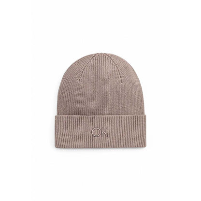 Calvin Klein Beige Organic Cotton Cap (Baseball Hat) stylish fine ribbed beanie, made with organic cotton, polyester, wool, cashmere blend