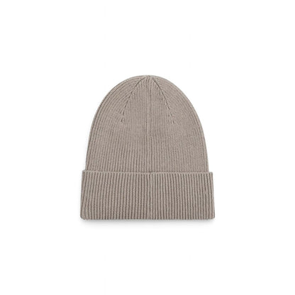 Calvin Klein Beige Organic Cotton Cap (Baseball Hat) shown from front, displaying fine ribbing and classic style for warmth and comfort.