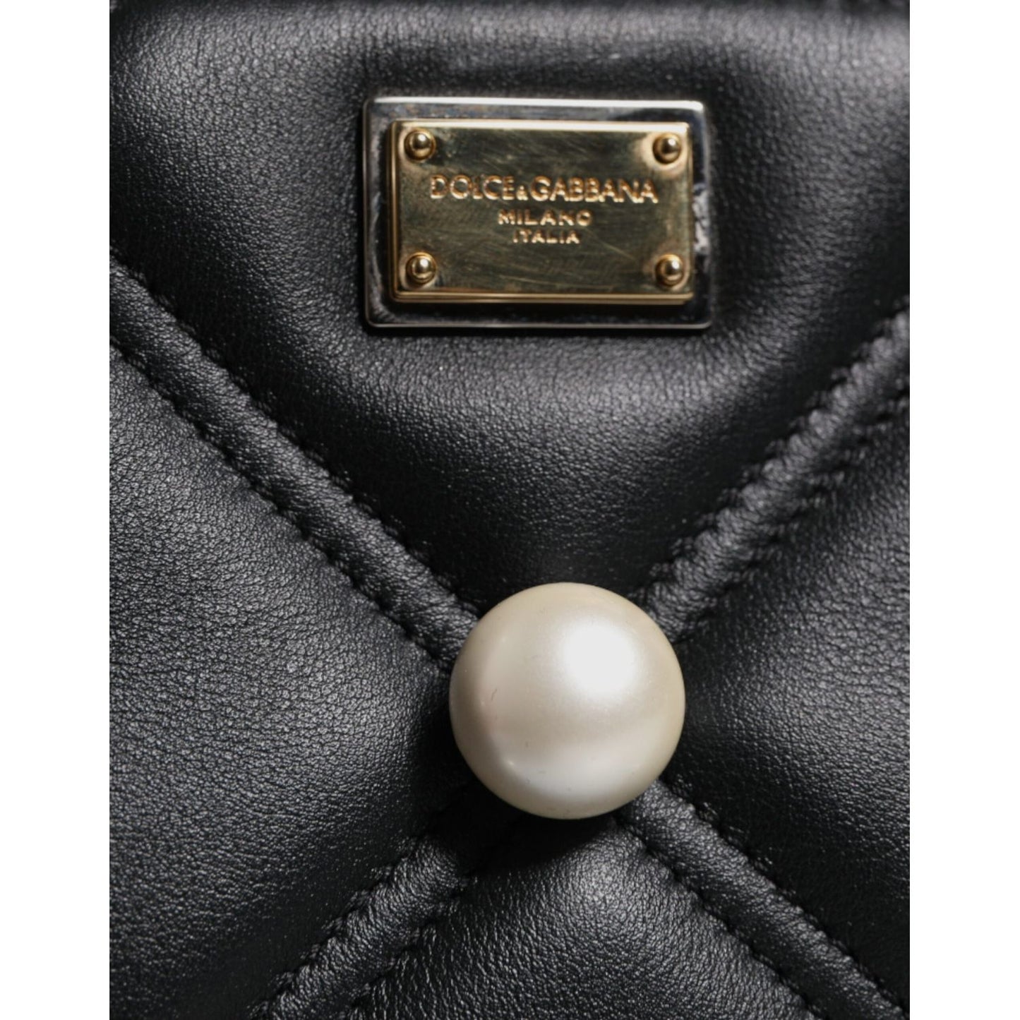 Dolce & Gabbana Black Leather Pearl Embellished Logo Shoulder Bag