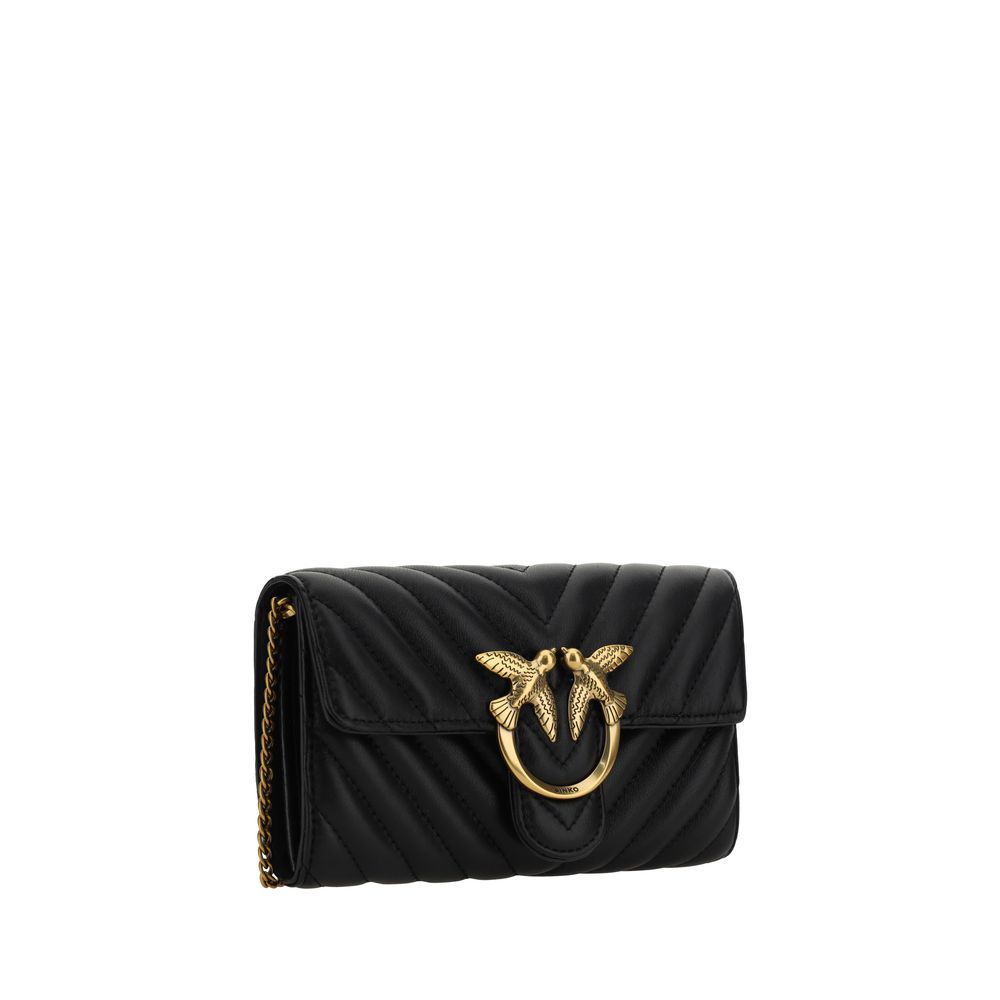 PINKO Black Calf Leather Bos Taurus Wallet with gold Love Birds logo, quilted design, and chain strap. Luxurious fashion accessory for SS25.