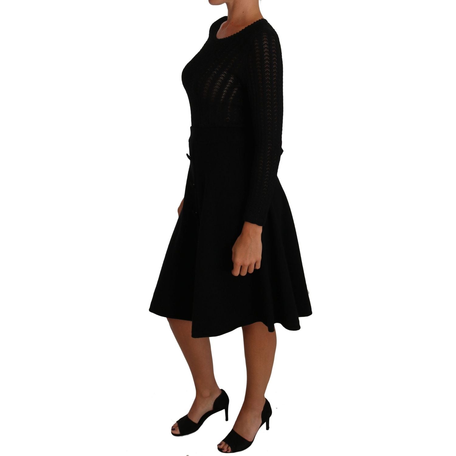 Dolce & Gabbana Black Knitted Wool Sheath Long Sleeves Dress