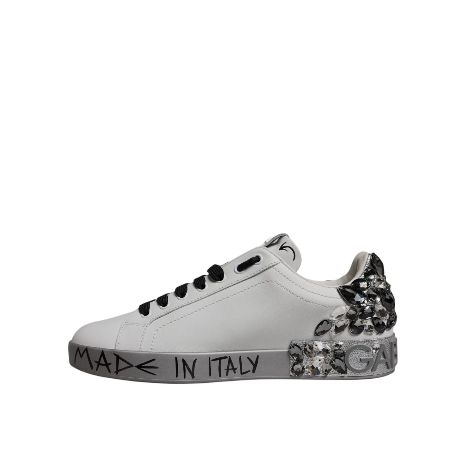 Dolce & Gabbana White Silver Crystal Logo Portofino Sneakers Shoes
