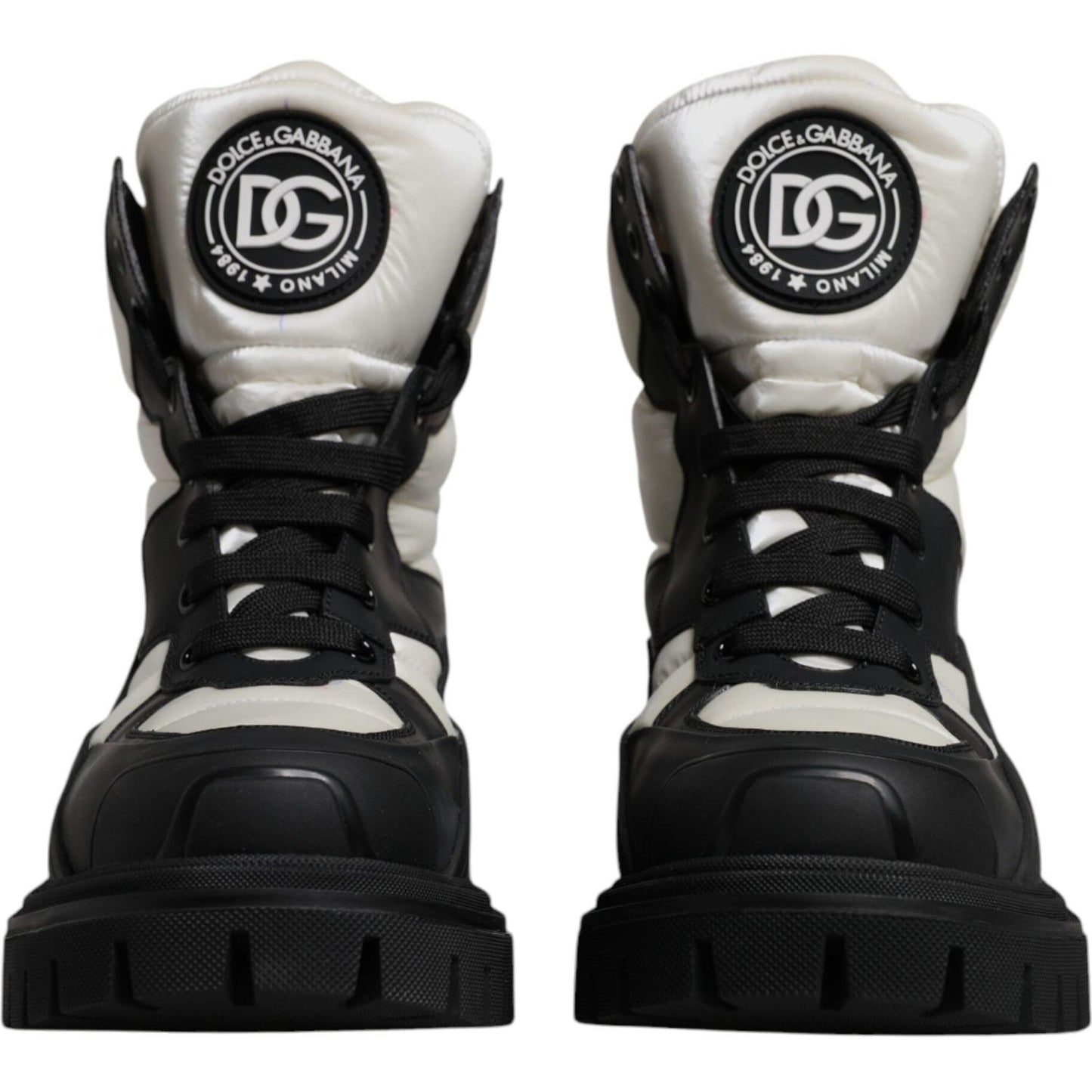 Dolce & Gabbana Black White Padded Mid Calf Lace Up Boots Shoes