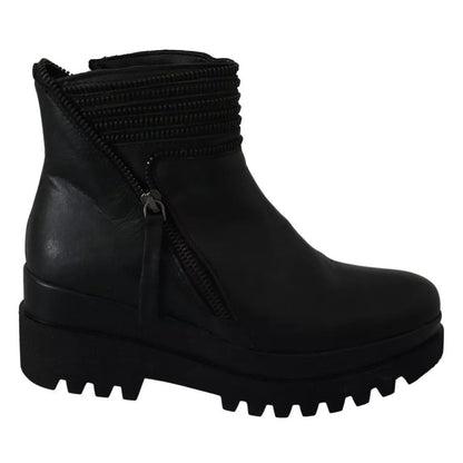 Ovyé Black Leather Zipper Ankle Boots Shoes