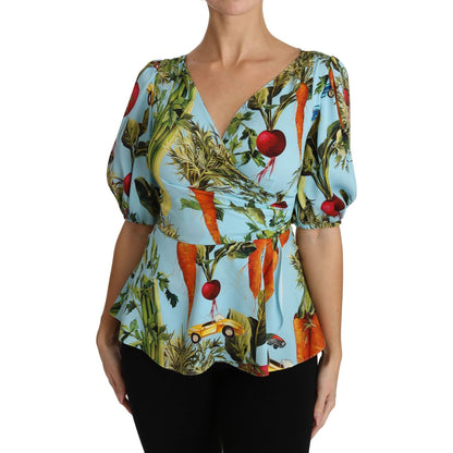 Dolce & Gabbana Multicolor Vegetable Print Silk Top Peplum Wrap Blouse