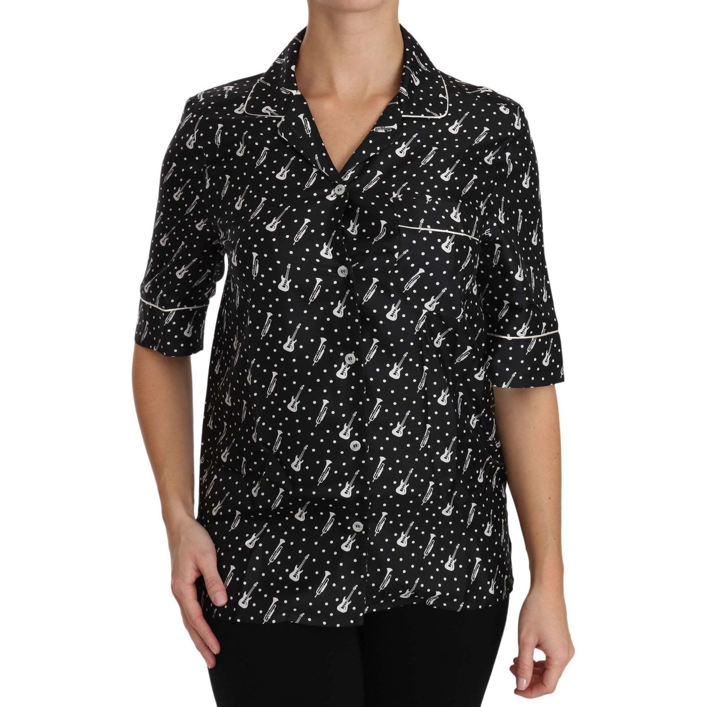Dolce & Gabbana Black GuitarTrumpet Print Silk Shirt Top