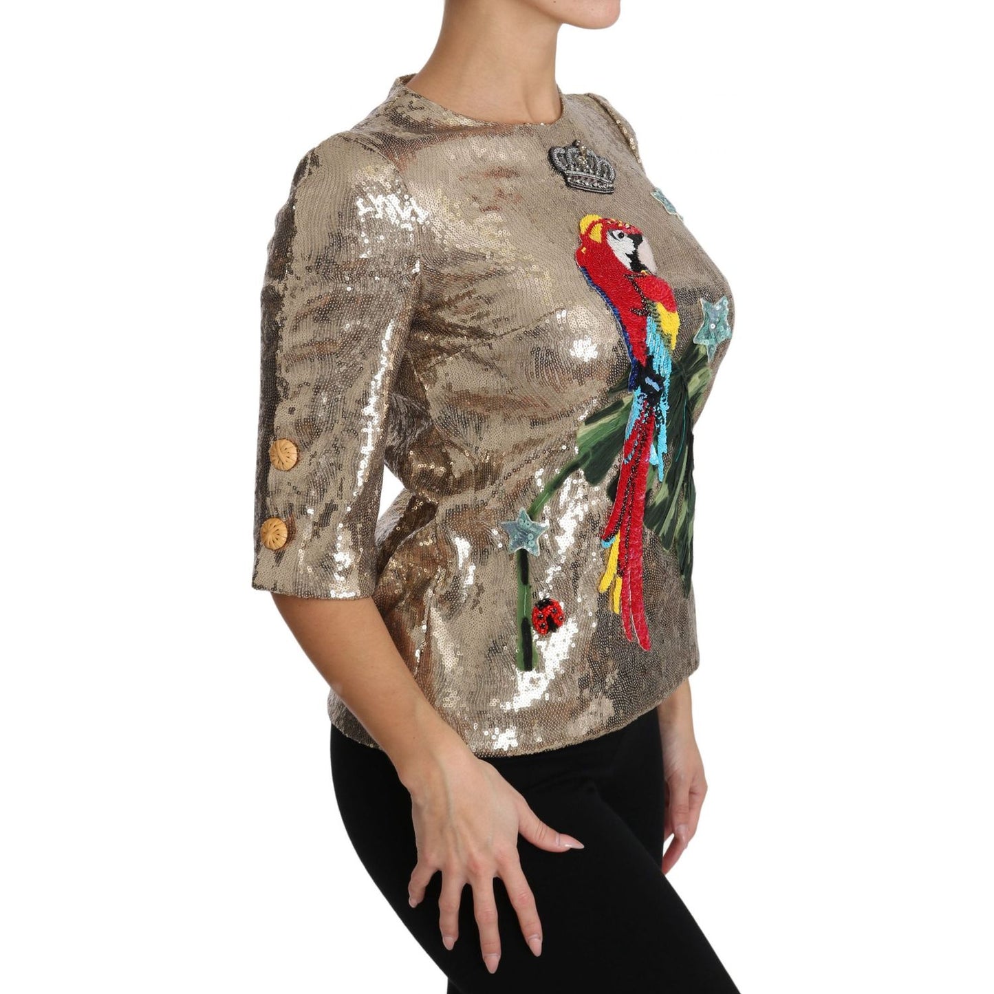 Dolce & Gabbana Gold Sequined Parrot Crystal Blouse