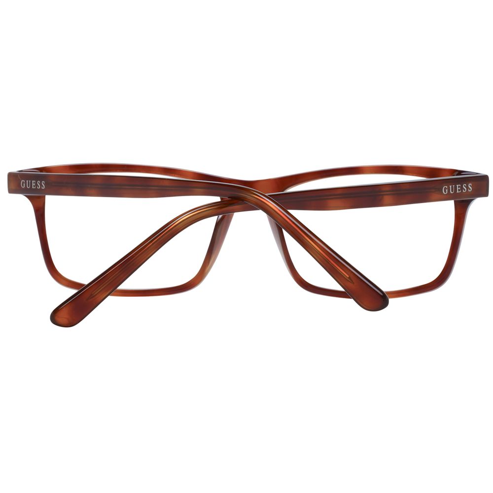 Guess Brown Unisex Glasses Frame with full-rim rectangle style, plastic material, and demo lenses. Includes branded case.