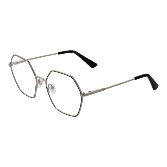 Guess Silver Women Glasses Frame, geometric full-rim design, metal frame, spring hinge, demo plastic lenses, size 54-18-140.