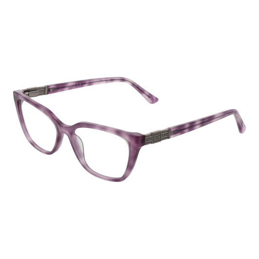 Guess Purple Women Glasses Frame with full-rim acetate in rectangle style, featuring spring hinge and branded case.