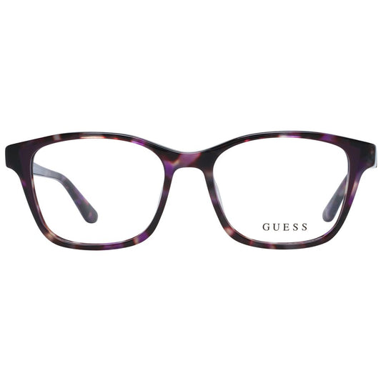Guess Purple Women Glasses Frame in full-rim square style, featuring purple plastic material with demo lenses, designed for women.