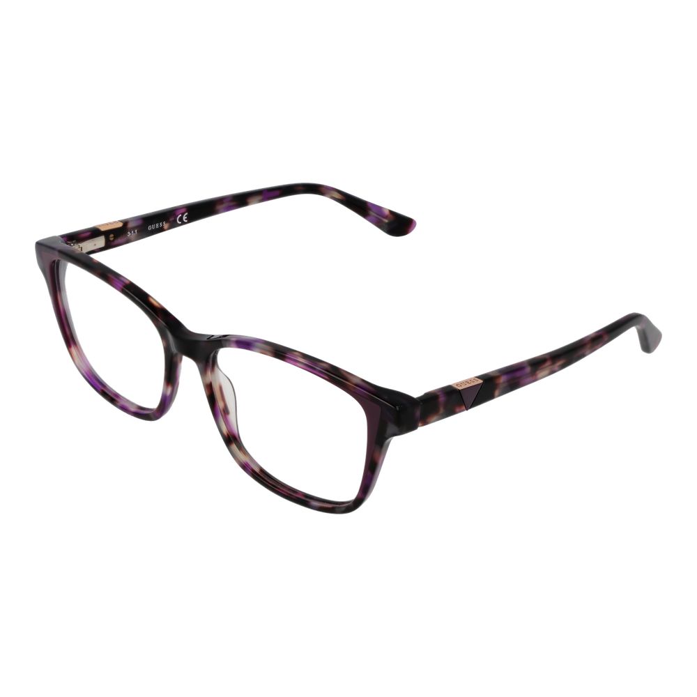 Guess Purple Women Glasses Frame with full-rim plastic design in rectangle shape, purple color, 58-16-140 dimensions, includes branded case.