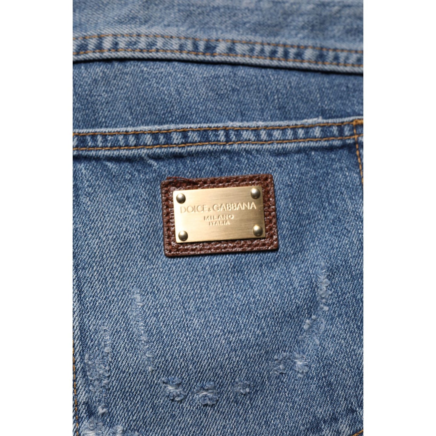 Dolce & Gabbana Blue Tattered Cotton Straight Denim Jeans