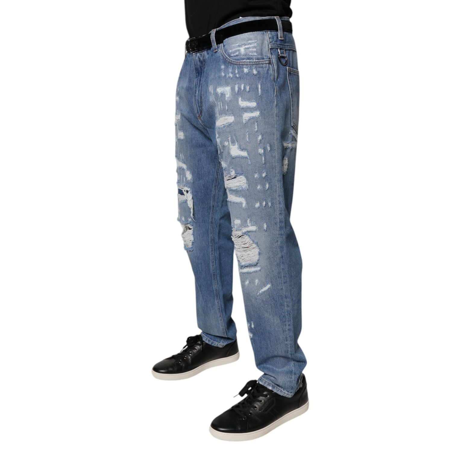 Dolce & Gabbana Blue Tattered Straight Cotton Denim Jeans