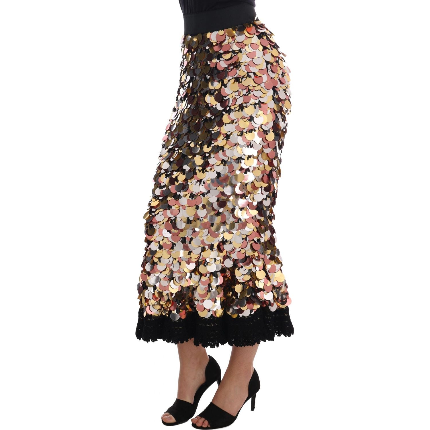 Dolce & Gabbana Gold Sequined Peplum High Waist Skirt