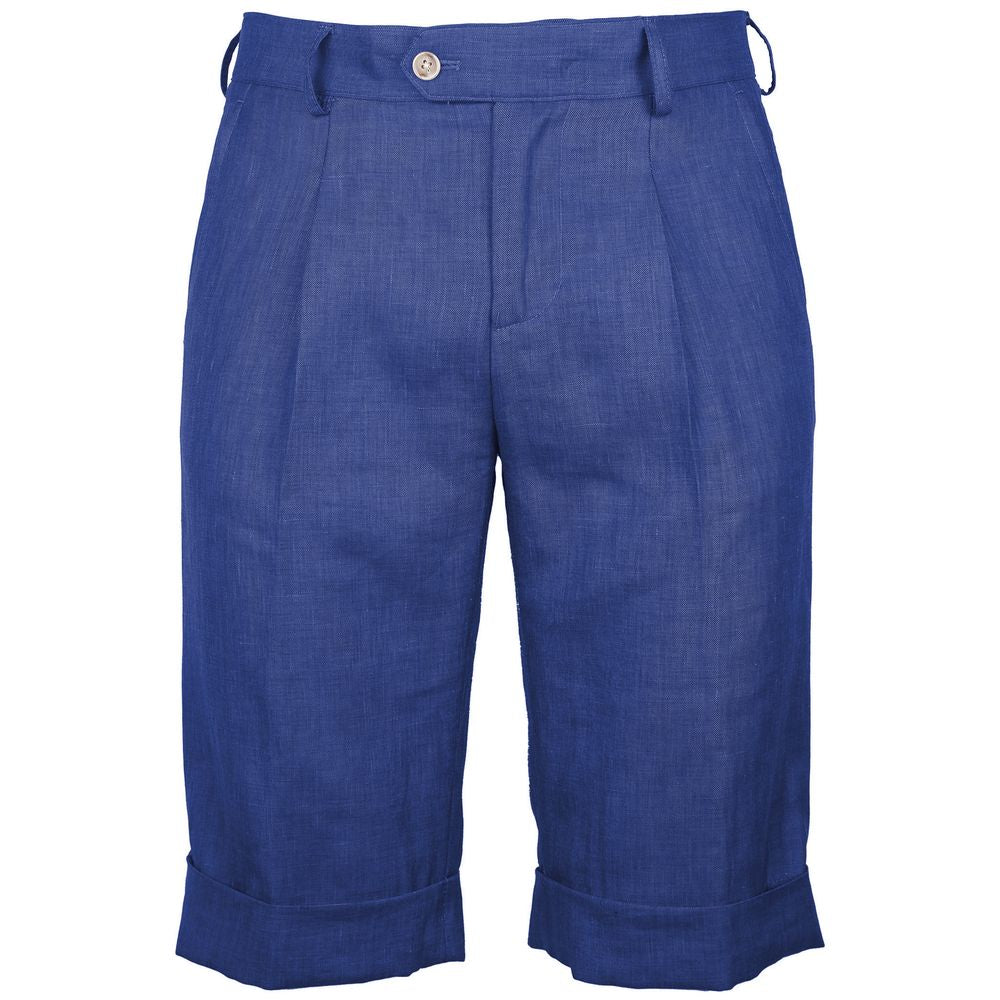 Made in Italy Blue Linen Short with Loro Piana indigo wool blend, darts, 4 pockets, button and zip fastening.
