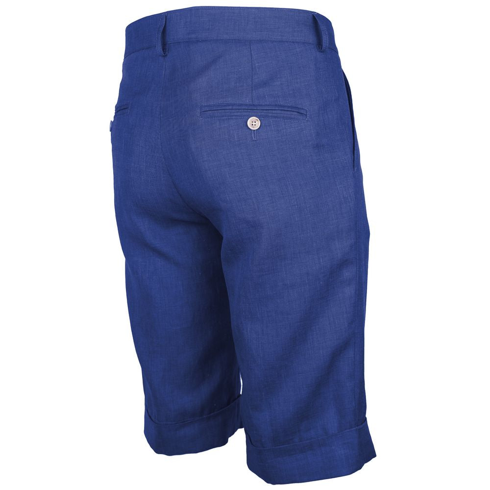 Made in Italy Blue Linen Short back view with indigo linen, wool blend, button details, and four-pocket design for summer elegance.