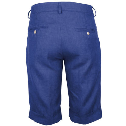Made in Italy Blue Linen Short with 4-pocket design, darts, button and zip fastening, back view of indigo Loro Piana fabric shorts.
