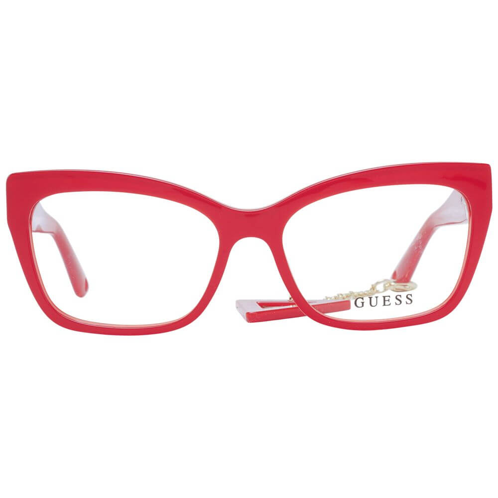 Guess Red Acetate Glasses (Frames) in full-rim cat-eye style, designed for women with demo lenses, spring hinge, and branded case included.