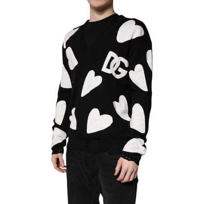 Dolce & Gabbana Black Hearts Silk Crew Neck Pullover Sweater