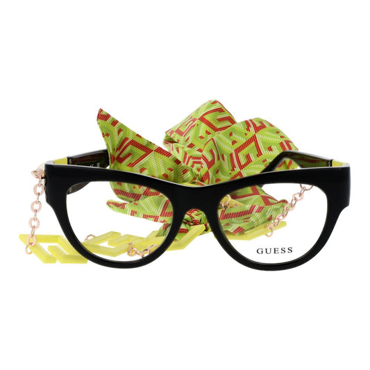 Guess Black Women Glasses Frame, black plastic full-rim cat eye eyewear with demo lenses, includes chain and branded case.