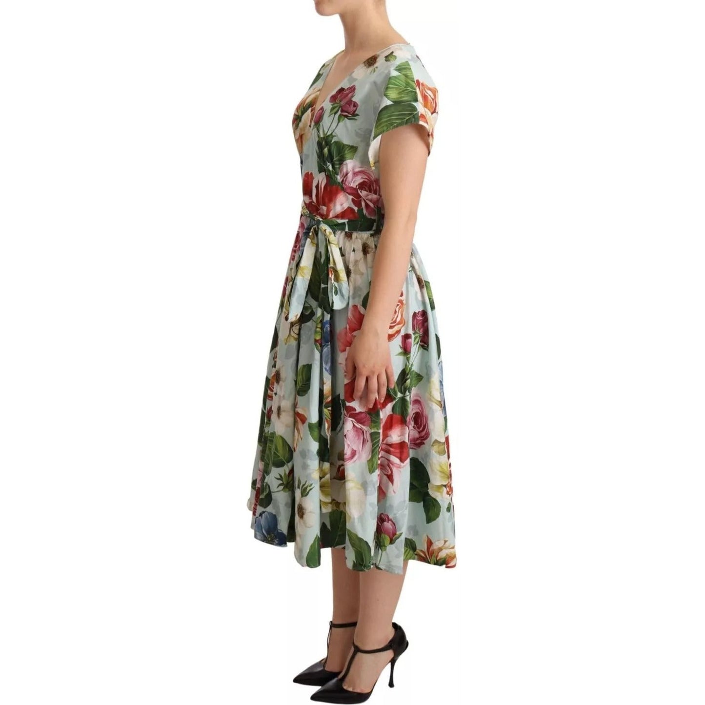 Dolce & Gabbana Green Floral Short Sleeves Cotton V-neck Dress DR281061-38