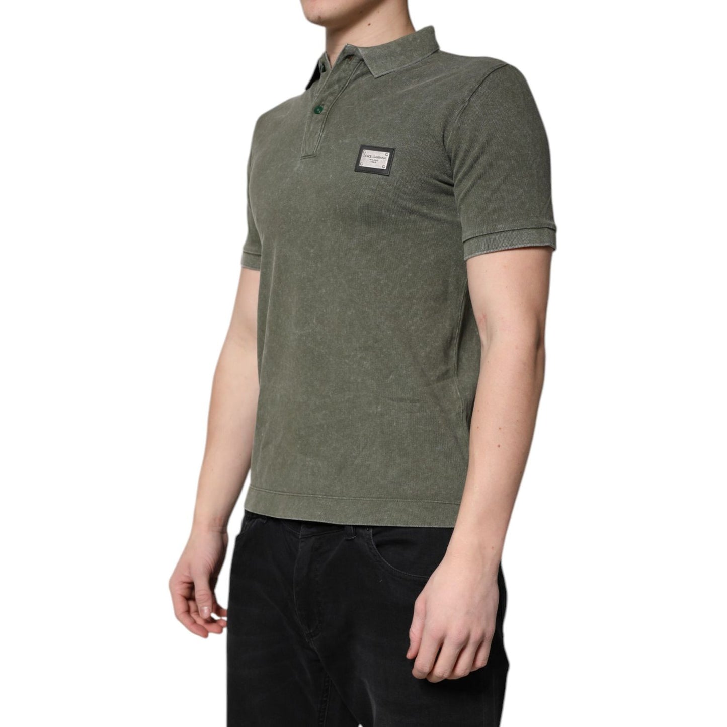Dolce & Gabbana Army Green Logo Plaque Cotton Polo Shirt T-shirt
